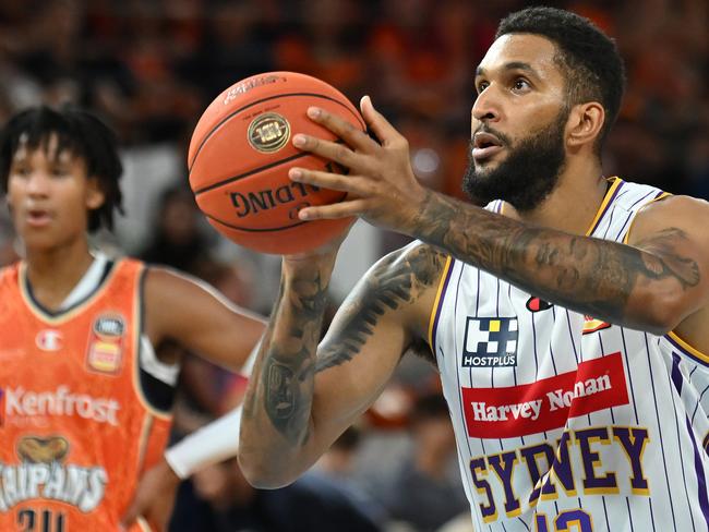 CAIRNS, AUSTRALIA - OCTOBER 28: Jonah Bolden of the Kings   lines up a free throw during the round  five NBL match between Cairns Taipans and Sydney Kings at Cairns Convention Centre, on October 28, 2023, in Cairns, Australia. (Photo by Emily Barker/Getty Images)