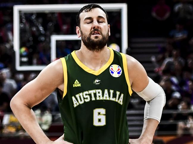 BEIJING, CHINA - SEPTEMBER 15:  #6 Andrew Bogut of Australiareacts  during the 3rd place games between France and Australia of 2019 FIBA World Cup at the Cadillac Arena on September 15, 2019 in Beijing, China.  (Photo by Di Yin/Getty Images)