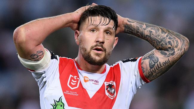 Gareth Widdop of the Dragons reacts following his team's loss during the Round 19 NRL match between the South Sydney Rabbitohs and the St George Illawarra Dragons at ANZ Stadium in Sydney, Friday, July 26, 2019. (AAP Image/Dan Himbrechts) NO ARCHIVING, EDITORIAL USE ONLY