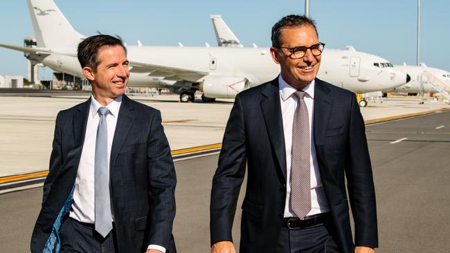 Senator Simon Birmingham and Premier of South Australia Steven Marshall at the RAAF base in Edinburgh. Picture: Morgan Sette