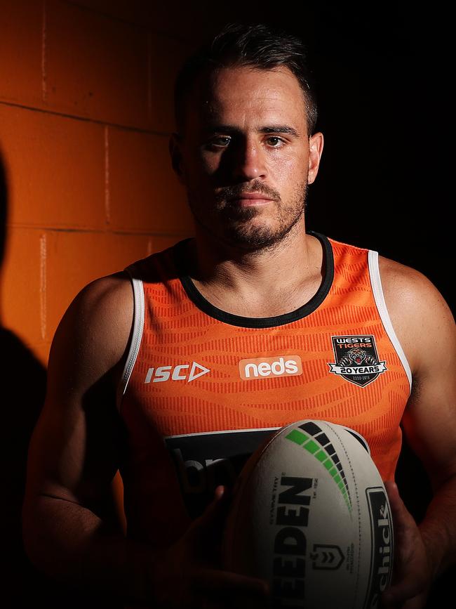 The Wests Tigers star at Concord Oval, Sydney. Picture: Brett Costello