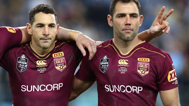 Billy Slater and Cameron Smith of the Maroons.