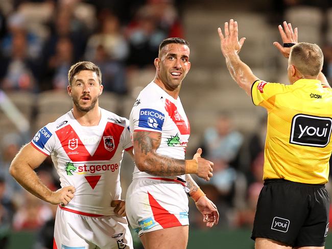 SYDNEY, AUSTRALIA - MAY 21:  Paul Vaughan of the Dragons is sent to the sin-bin by referee Ben Cummins during the round 11 NRL match between the Cronulla Sharks and the St George Illawarra Dragons at Netstrata Jubilee Stadium on May 21, 2021, in Sydney, Australia. (Photo by Mark Kolbe/Getty Images)