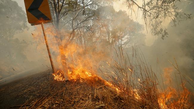 A fire burns in Jumbuk on Monday. Picture: Darrian Traynor/Getty