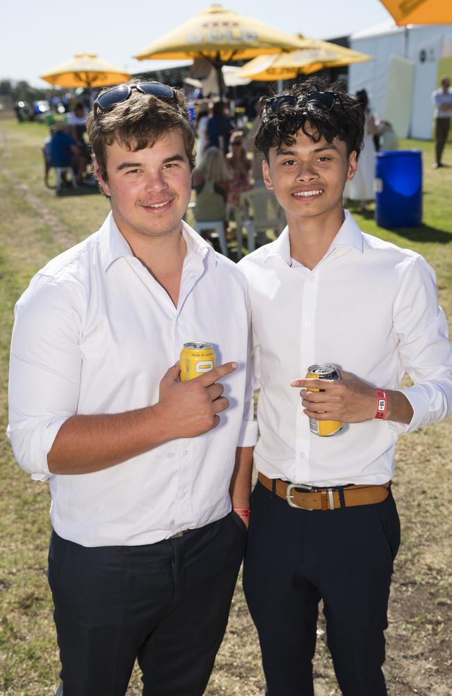 Campbell Jessen (left) and Glen Cruda at Warwick Cup race day at Allman Park Racecourse, Saturday, October 14, 2023. Picture: Kevin Farmer