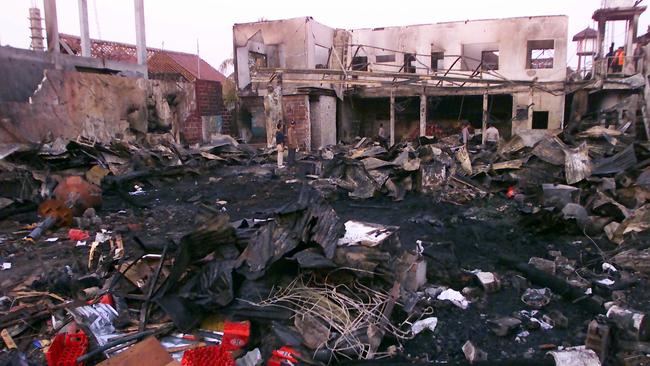 Pictured: The wreckage of Sari Club nightclub in Kuta in 2002