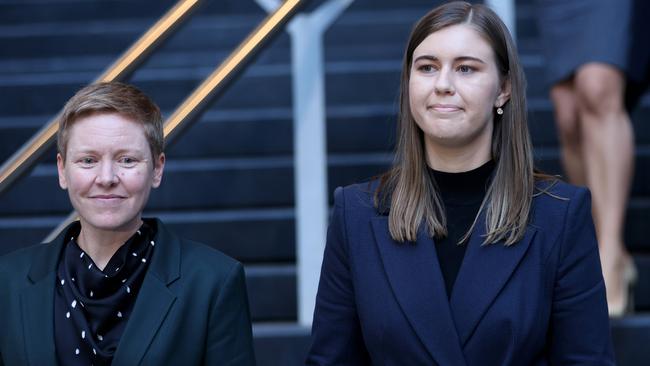 Heidi Yates and Brittany Higgins after the meeting with Scott Morrison in 2021. Picture: NCA NewsWire / Damian Shaw