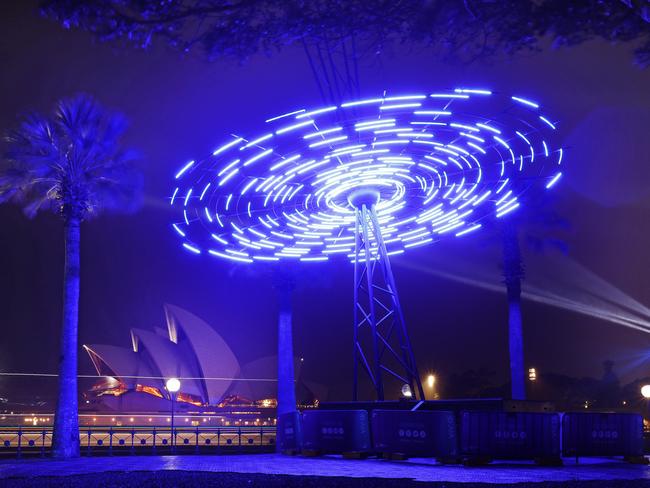 Pictured on Hickson Road at The Rocks in Sydney is a preview of one of the 2025 Vivid light sculptures which will feature around Circular Quay this year. Picture: Richard Dobson