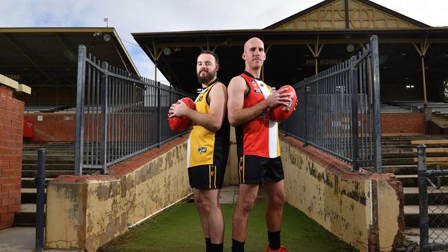 George Thring (L) with his brother Max after signing with division one Adelaide Footy League club Goodwood Saints. Max starred in the final minor round game, helping the Saints beat PNU. Picture: Keryn Stevens