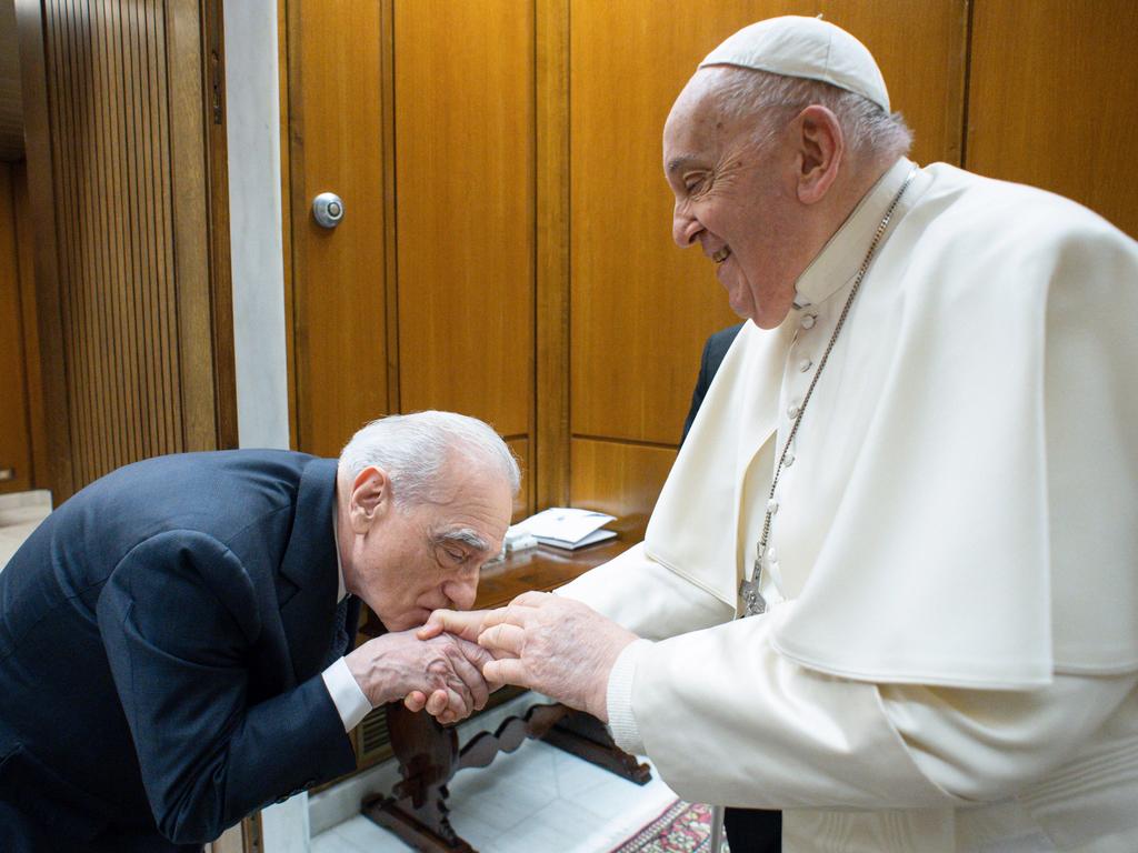 Pope Francis meets with filmmaker Martin Scorsese in Vatican City, where they discussed Scorsese’s new film about Jesus. Picture: Vatican Media/Getty Images