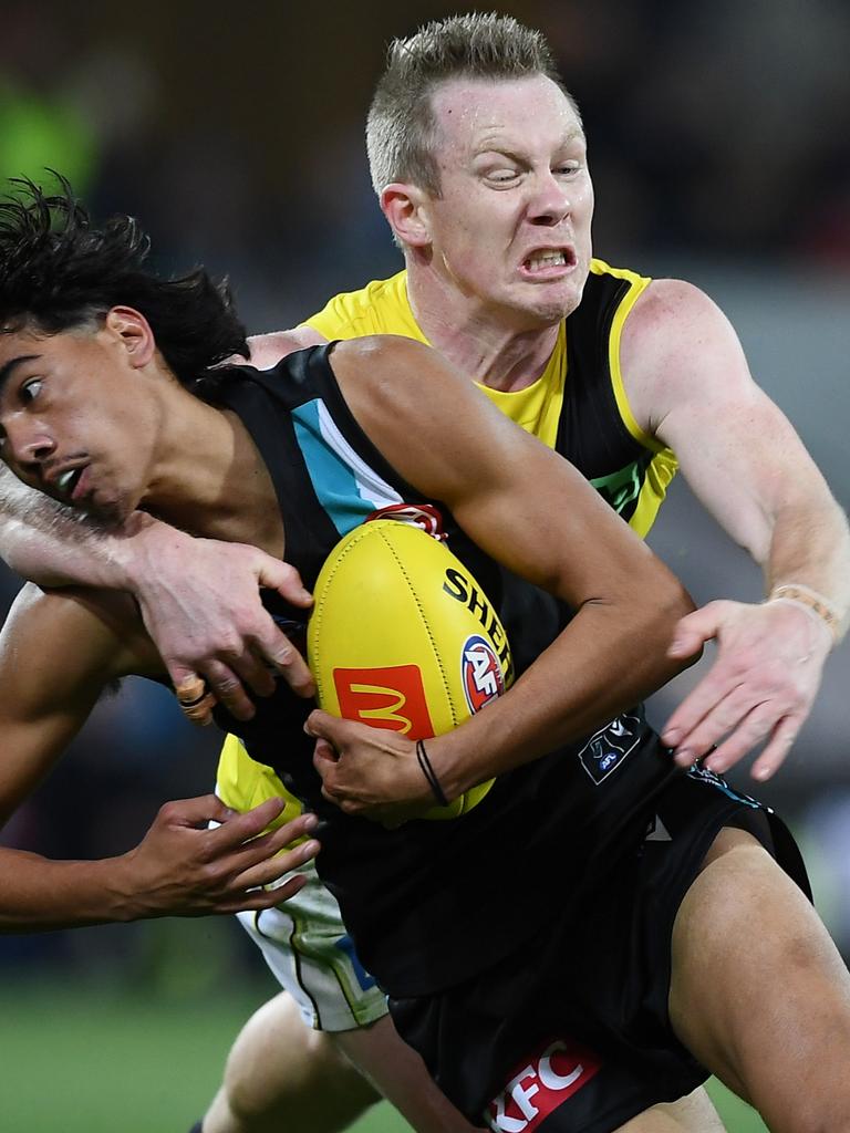 Jase Burgoyne appears to be taken high in a Jack Riewoldt tackle. Picture: Mark Brake/Getty Images