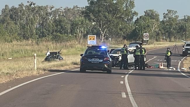 A woman died and three more people taken to hospital with traumatic injuries after two vehicles collided on Kirkland Rd, Durack, on May 14, 2025. Picture: Nathaniel Chambers