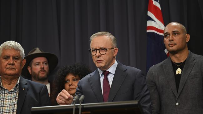 Anthony Albanese holds a press conference with members of the Referendum Working Group at Parliament house in Canberra. Picture: NCA NewsWire / Martin Ollman