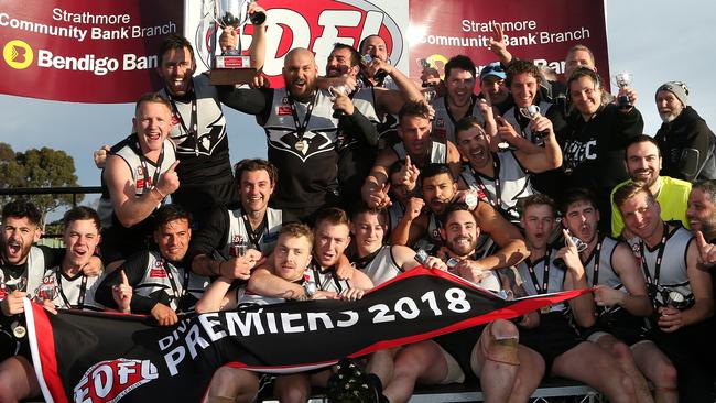 Roxburgh Park celebrates its maiden grand final victory. Picture: Hamish Blair