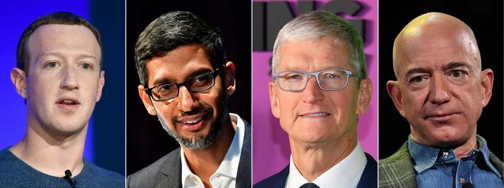 Mark Zuckerberg, Sundar Pichai, Tim Cook and Jeff Bezos are all scheduled to appear at the hearing. Picture: AFP