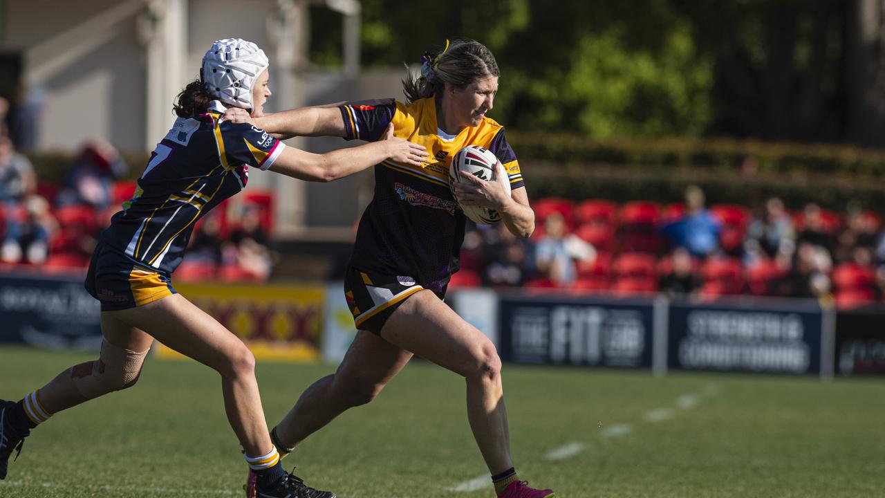 Maddie Mediero (left) of Highfields and Kim Dore of Gatton in TRL Women grand final rugby league at Toowoomba Sports Ground, Saturday, September 14, 2024. Picture: Kevin Farmer