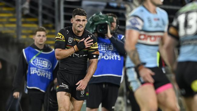 Penrith Panthers halfback Nathan Cleary clutches at his shoulder against Cronulla. Picture: NRL Images