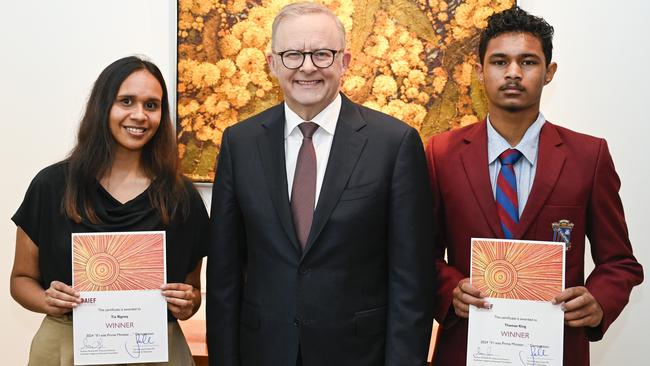 AIEF competition winners Tia Rigney and Thomas King with Anthony Albanese at Parliament House on Wednesday. Picture: NCA NewsWire / Martin Ollman