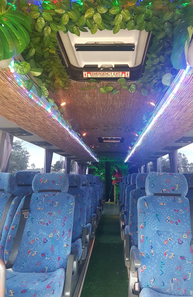 The inside of Timmys’ Tours bus, travelling from Airlie Beach and around Central Queensland. Picture: Timmys' Tours