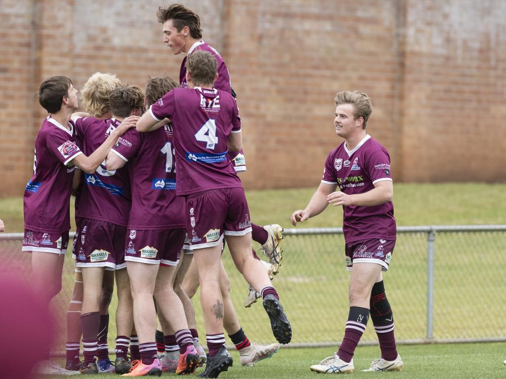 Dalby celebrate the opening try by Darnell Murray. Picture: Kevin Farmer.