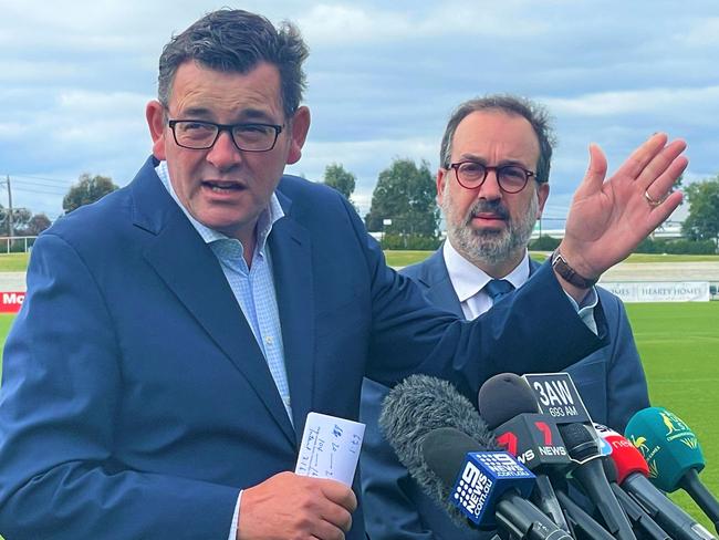 Premier Daniel Andrews and Tourism Minister Martin Pakula at Mars Stadium, Ballarat announce Victoria's successful bid for the 2026 Commonwealth Games.