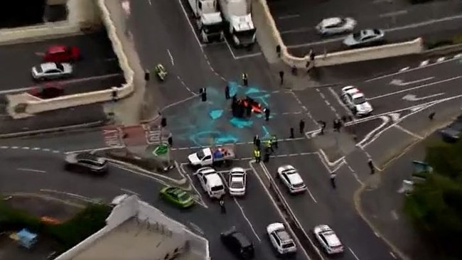 William Jolly Bridge was closed by police as a result of the protest. Photo: Channel 7.