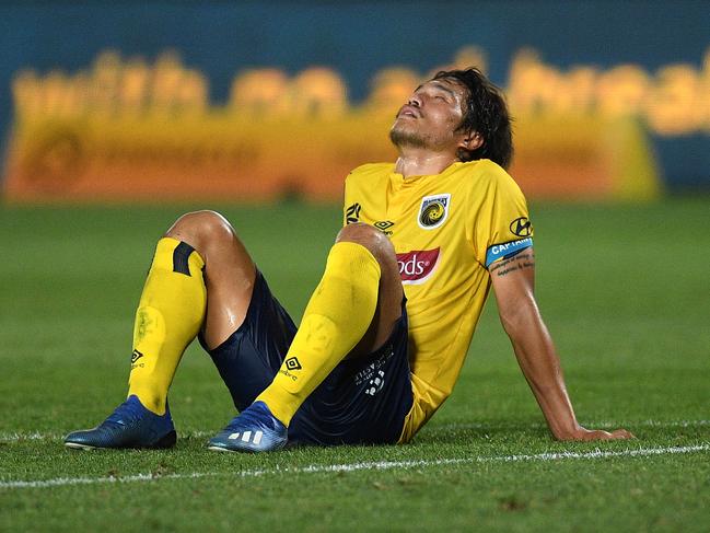 Eunsun Kim of the Mariners reacts following his teamtakes a shot at goal loss in the Round 24 A-League match between Central Coast Mariners and Melbourne City at Central Coast Stadium in Gosford, Friday, March 20, 2020. (AAP Image/Dan Himbrechts) NO ARCHIVING, EDITORIAL USE ONLY