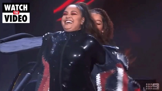 Jessica Mauboy gets sabotaged by a leather and PVC costume (Channel 9)