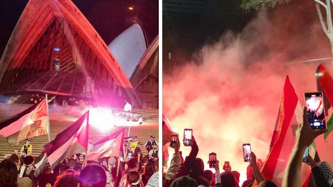 Pro-Palestinian protesters burn the Israeli flag in front of the Sydney Opera House. Picture: Jasmine Kazlauskas/news.com.au