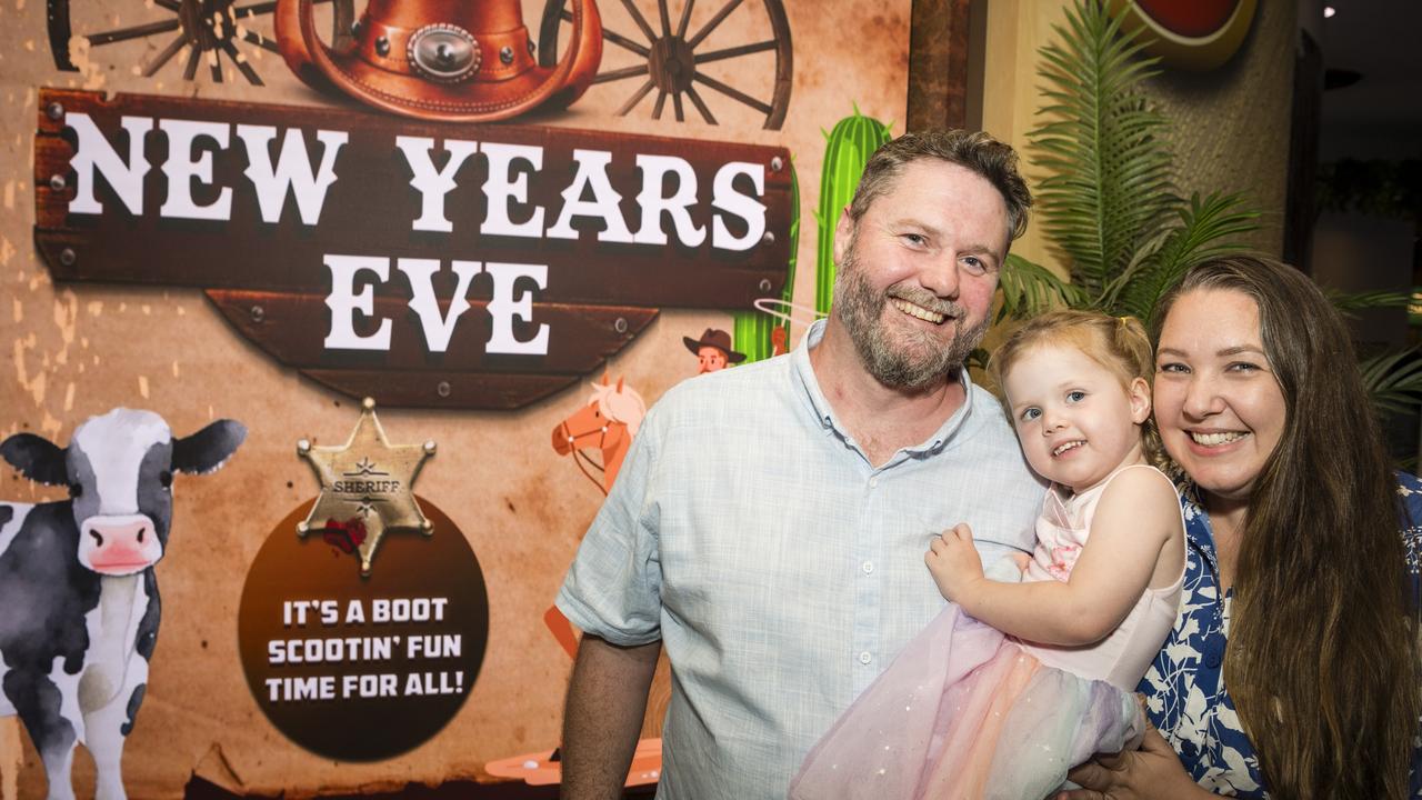 Richard and Carly Kelly with their daughter Olivia at New Year's Eve at City Golf Club, Sunday, December 31, 2023. Picture: Kevin Farmer