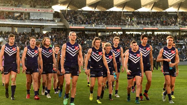 Nat Fyfe and his teammates after being belted by Geelong in Round 22. Picture: AAP