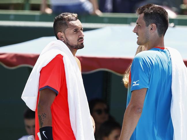 (L-R) Aussie tennis stars Nick Kyrgios and Bernard Tomic have both attracted criticism for their behaviour in the past. Picture: AAP Image/Daniel Pockett