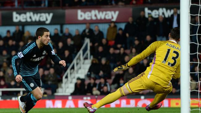 Chelsea's Belgian midfielder Eden Hazard (L) scores the opening goal.