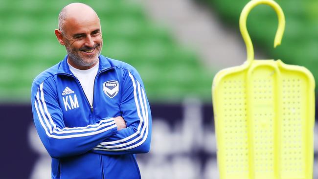 MELBOURNE, AUSTRALIA — MARCH 12: Victory head coach Kevin Muscat looks upfield during a Melbourne Victory Training Session at AAMI Park on March 12, 2018 in Melbourne, Australia. (Photo by Michael Dodge/Getty Images)