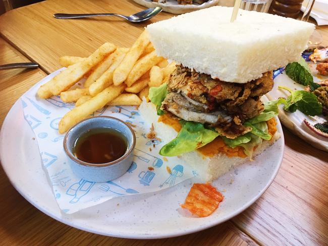 Peter Rabbit’s “Big Bird”, a mix of fried chicken, mild kimchi, pureed carrot and ginger, and crispy shallots. Picture: Dianne Mattsson