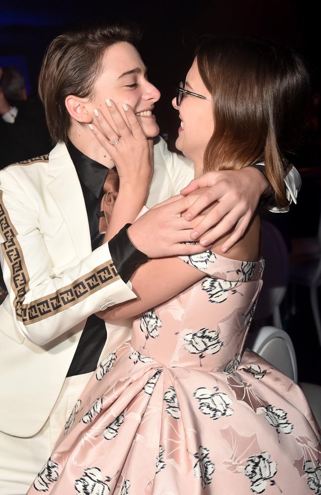 Nawwwwww. Noah Schnapp and Millie Bobby Brown looked to be having a fab time. Picture: Alberto E. Rodriguez/Getty Images