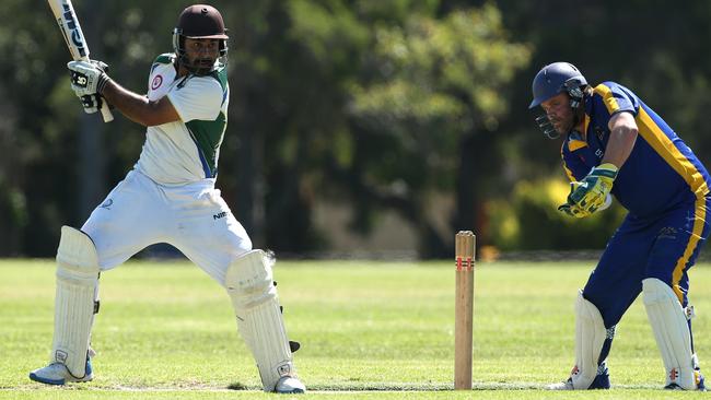 Buckley Park’s Raja Sandhu and Matt O’Meara of Pascoe Vale Central. Picture: Hamish Blair