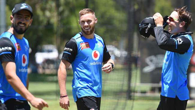 Phil Salt, centre, trains with the Strikers for the first time. Picture: Naomi Jellicoe