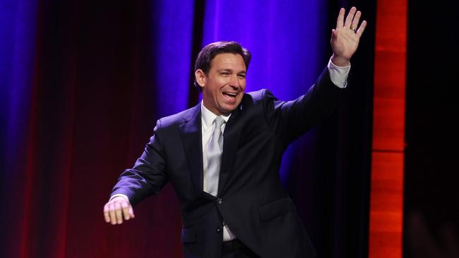 Ron DeSantis on stage for the Lincoln Dinner in Des Moines, Iowa, on Friday night. Picture: Getty Images