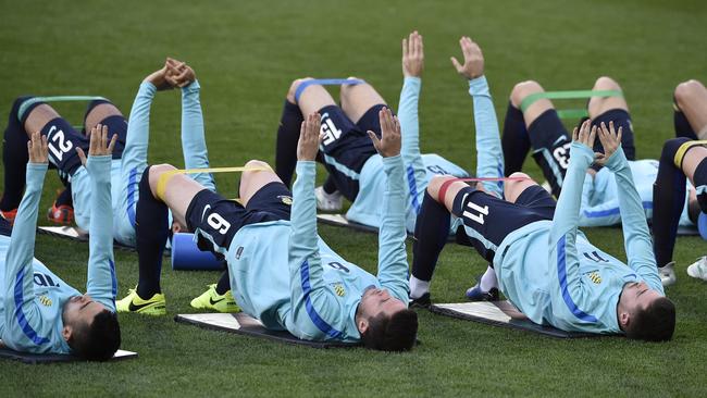 Socceroos players during a training session at Adelaide Oval.