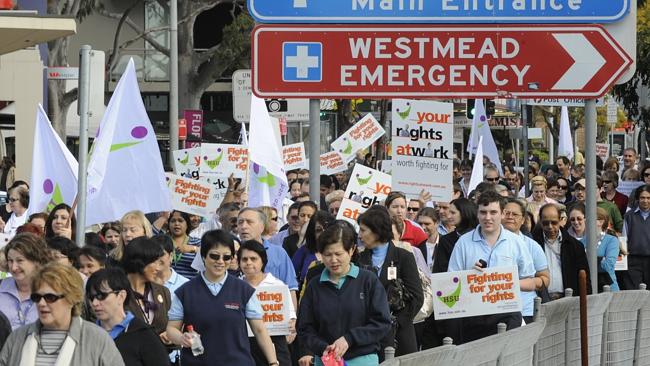 Health Services Union members rallying outside Westmead Hospital last year. Picture: John