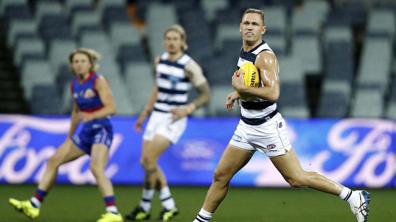 GEELONG, AUSTRALIA – JUNE 18: Joel Selwood of the Cats looks on during the 2021 AFL Round 14 match between the Geelong Cats and the Western Bulldogs at GMHBA Stadium on June 18, 2021 in Geelong, Australia. (Photo by Dylan Burns/AFL Photos via Getty Images)