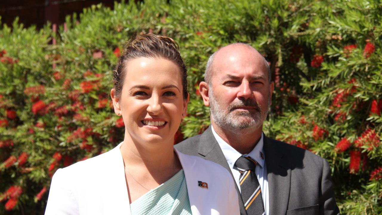 Chief Minister Lia Finocchiaro with Treasurer Bill Yan speaking at Alice Springs on Thursday, September 12. Picture: Gera Kazakov