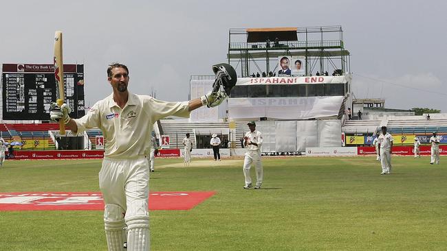 CHITTAGONG, BANGLADESH - APRIL 19: Jason Gillespie of Australia celebrates his double century during day four of the Second Test between Bangladesh and Australia played at the Chittagong Divisional Stadium on April 19, 2006 in Chittagong, Bangladesh. (Photo by Hamish Blair/Getty Images)