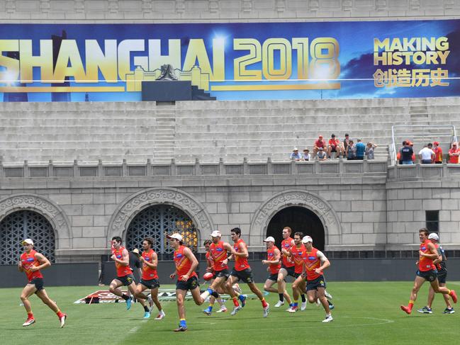 Gold Coast Sun players are seen during a training session at the Adelaide Arena at Jiangwan Stadium in Shanghai, China, Thursday, May 17, 2018. Picture: AAP Image/David Mariuz.