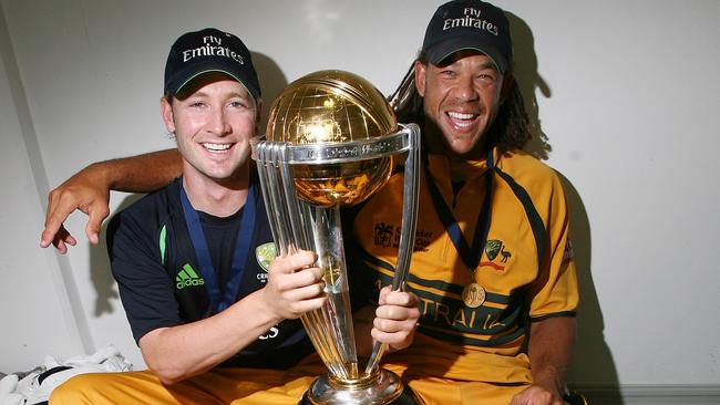 Michael Clarke and Andrew Symonds with the World Cup.