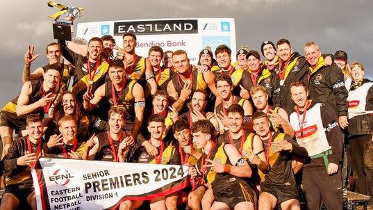 EFNL 2024: Mitcham celebrates back-to-back flags in Division 1. Picture: Field of View Photography