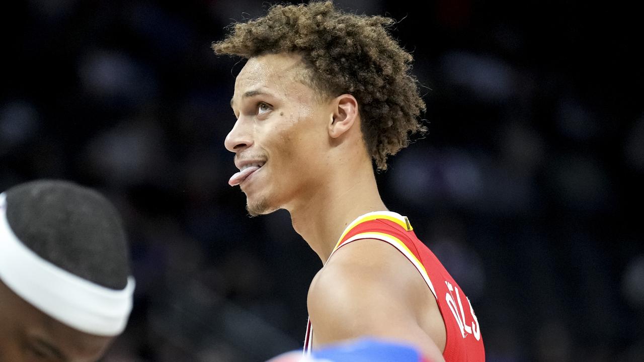 DETROIT, MICHIGAN - NOVEMBER 08: Dyson Daniels #5 of the Atlanta Hawks reacts during the fourth quarter at Little Caesars Arena on November 08, 2024 in Detroit, Michigan. NOTE TO USER: User expressly acknowledges and agrees that, by downloading and or using this photograph, User is consenting to the terms and conditions of the Getty Images License Agreement. (Photo by Nic Antaya/Getty Images)