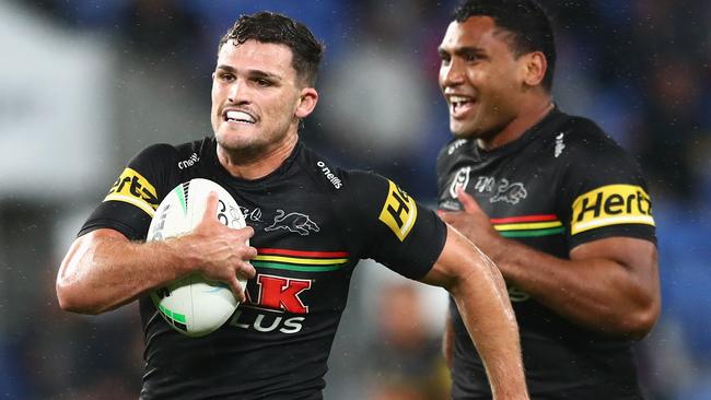 Nathan Cleary of the Panthers makes a break during the round 25 NRL match between the Parramatta Eels and the Penrith Panthers at Cbus Super Stadium, on September 03, 2021, in Gold Coast, Australia. (Photo by Chris Hyde/Getty Images)