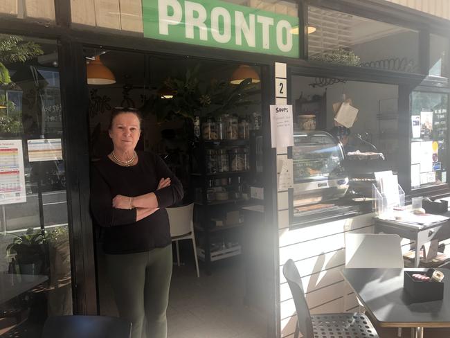 Stacey Driver, the owner of the cafe, Pronto Creative Foods, on Barrenjoey Rd, Palm Beach on Tuesday, who is in a row with Northern Beaches Council over the placing of four tables, and their chairs, on the kerbside outside the business. Picture: Supplied